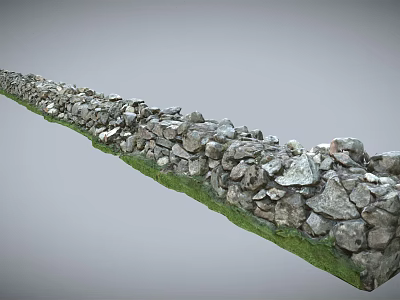 Natural Stacked Stone Wall With Green Grass Base In Outdoor Landscape 3d model