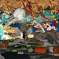 Vibrant Commercial Landscape With Large Autumn Tree Moon Lanterns Mist And Purple Flowers