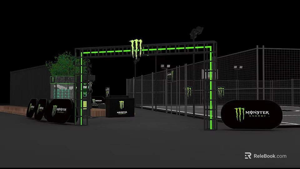Monster Energy Event Entrance With Green Neon Arch And Fence Branding 3d model 