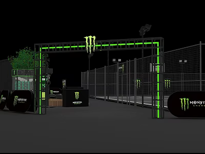 Monster Energy Event Entrance With Green Neon Arch And Fence Branding 3d model