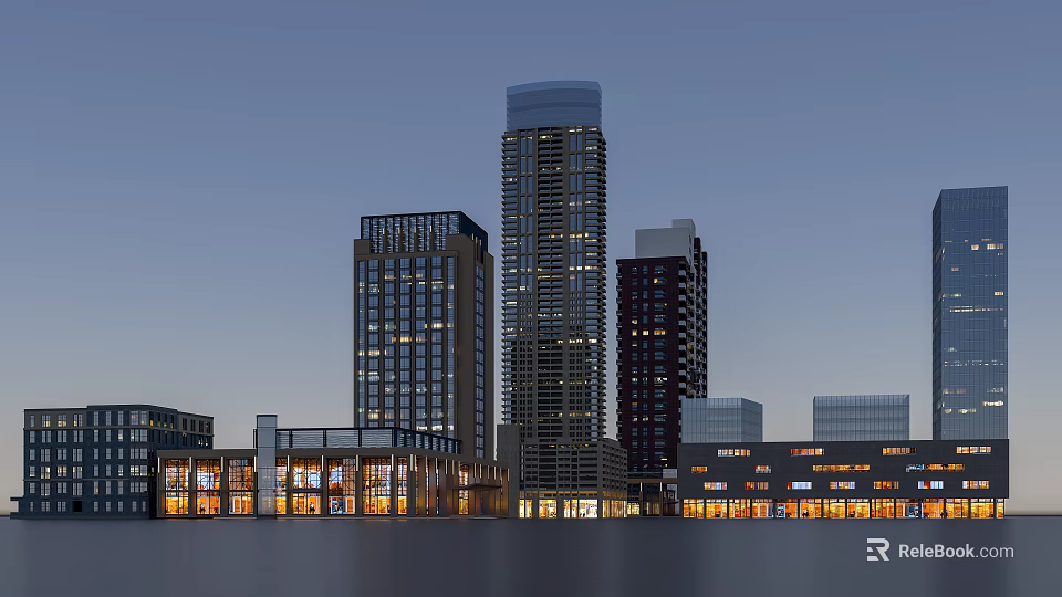 Scenic Urban Night Landscape With Modern Illuminated Tall Buildings And Water Reflections 3d model 