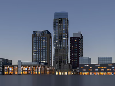 Scenic Urban Night Landscape With Modern Illuminated Tall Buildings And Water Reflections 3d model