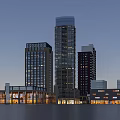 Scenic Urban Night Landscape With Modern Illuminated Tall Buildings And Water Reflections
