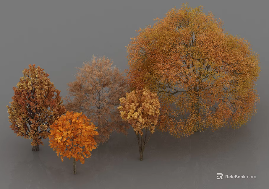 Autumn Trees With Orange Yellow Leaves And Different Sizes In Scenic Landscape 3d model 