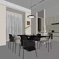 Modern Dining And Kitchen Space With Rectangular Table Leather Chairs And Pendant Light 3d model