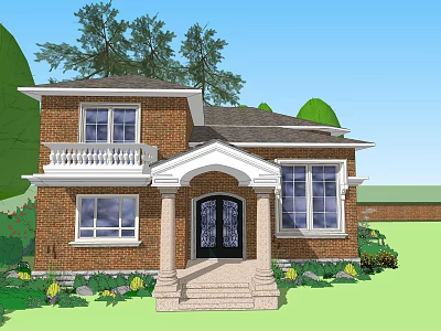 Two Story Detached Brick Villa With White Trim Front Porch And Green Lawn 3d model