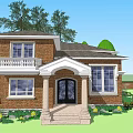 Two Story Detached Brick Villa With White Trim Front Porch And Green Lawn