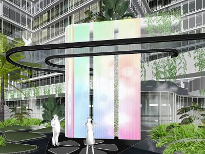 Modern Building Atrium Design With Rainbow Vertical Screen Green Plants And Glass Walls 3d model