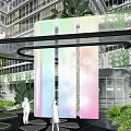 Modern Building Atrium Design With Rainbow Vertical Screen Green Plants And Glass Walls