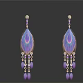 Peacock Feather Shaped Earrings With Purple Blue Gradient And Beads Pendants