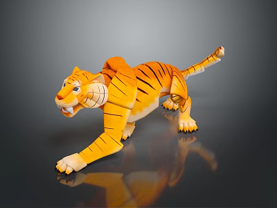 Orange Black Striped Tiger Doll in Pouncing Pose with Shiny Surface on Gray Background 3d model