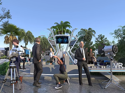 Outdoor VR Event Filming Scene With People Cameras Tripods Large Screen And Palm Trees 3d model