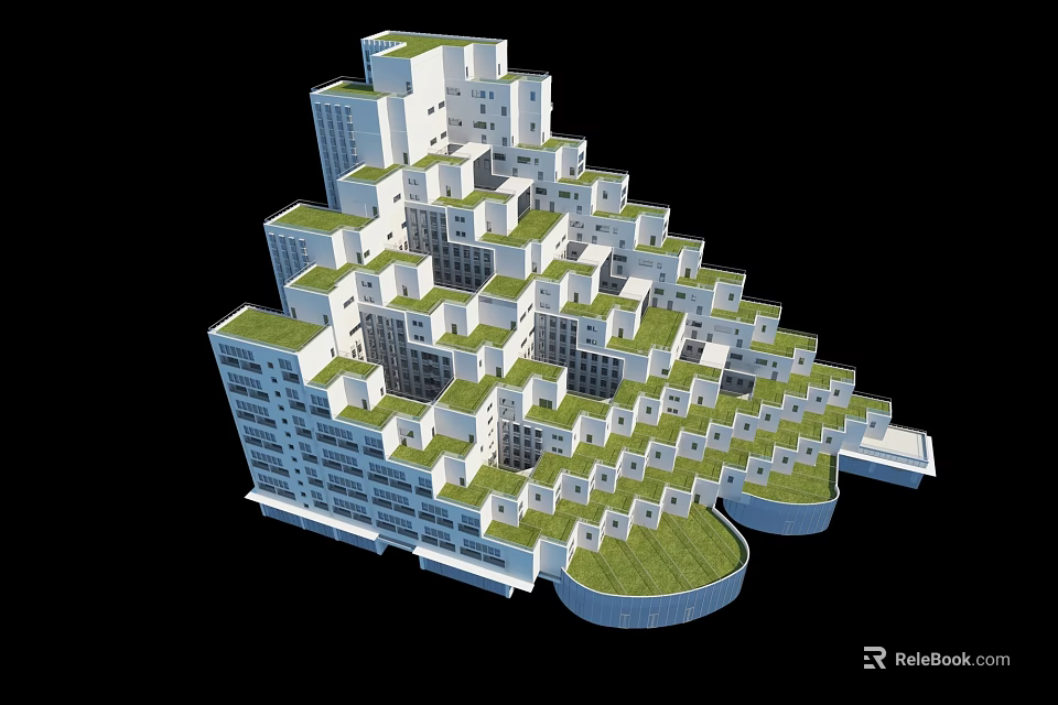 Modern Stepped Residential Building With Green Roof Gardens And Balcony Terraces 3d model 