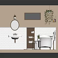 Cozy Bathroom Interior With Bathtub Sink Mirror Plant Shelf And Checkerboard Floor
