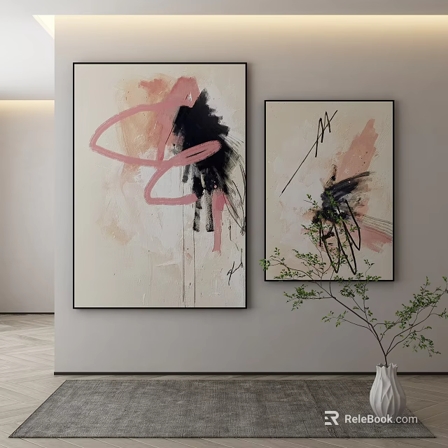 Abstract Art Paintings On Wall And Potted Plant In Modern Room 3d model 