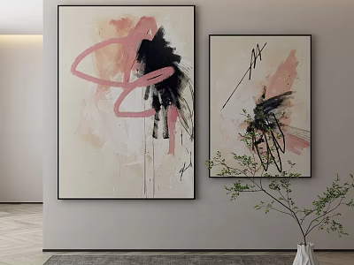 Abstract Art Paintings On Wall And Potted Plant In Modern Room 3d model