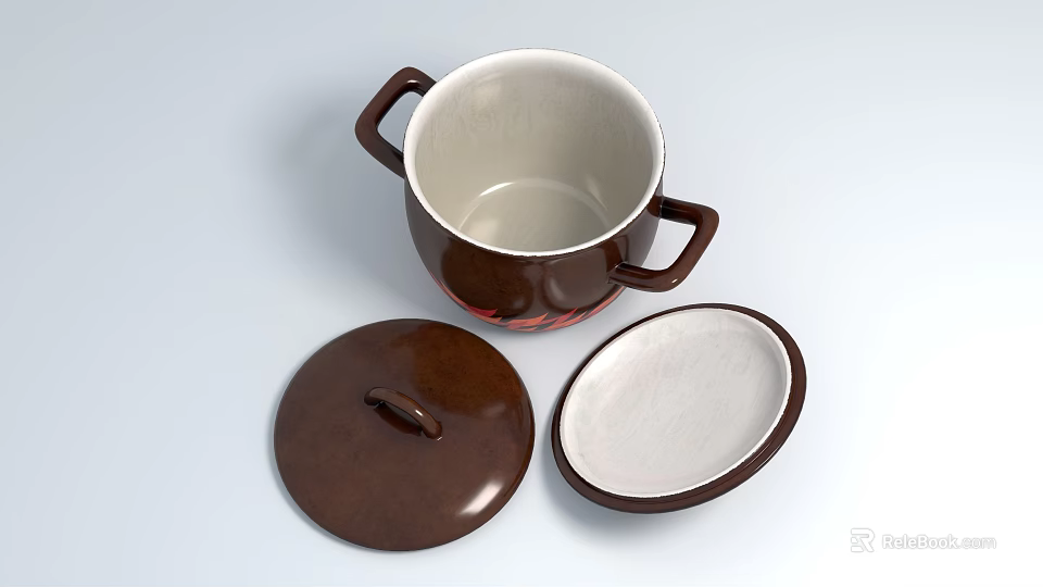 Brown Ceramic Tableware Set With Pot Two Handles Lid And Oval Dish 3d model 