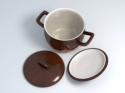 Brown Ceramic Tableware Set With Pot Two Handles Lid And Oval Dish 3d model