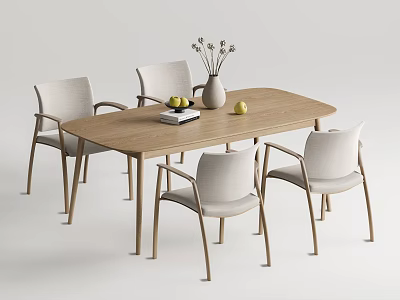 Wooden Dining Table Set With Four Light Gray Armchairs Vase Flowers Books And Fruits 3d model