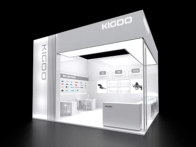 Modern White KIGOO Exhibition Booth with Product Display Area and Interior Setup 3d model