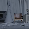Brown Leather Leisure Chair With Wooden Armrests In Modern Interior Fireplace Floor Lamp And Curtains