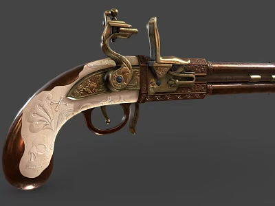 Vintage Engraved Pistol With Brass Metal Accents Ornate Handle And Antique Design 3d model