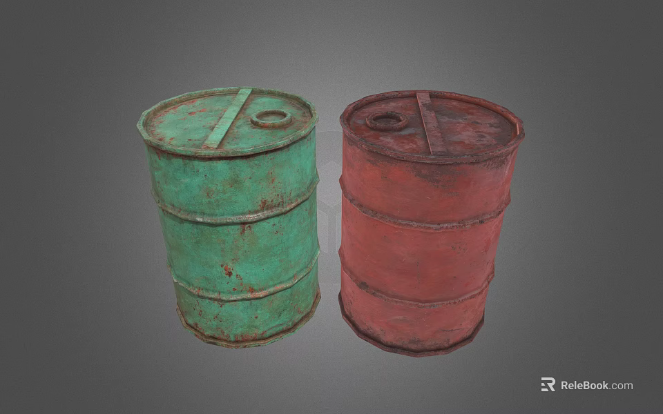 Industrial Equipment Two Green And Red Rusty Metal Drums For Industrial Storage 3d model 
