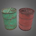 Industrial Equipment Two Green And Red Rusty Metal Drums For Industrial Storage