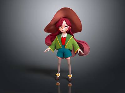 3D Cartoon Character With Long Red Hair Large Hat Green Yellow Coat And Blue Shorts 3d model