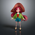 3D Cartoon Character With Long Red Hair Large Hat Green Yellow Coat And Blue Shorts