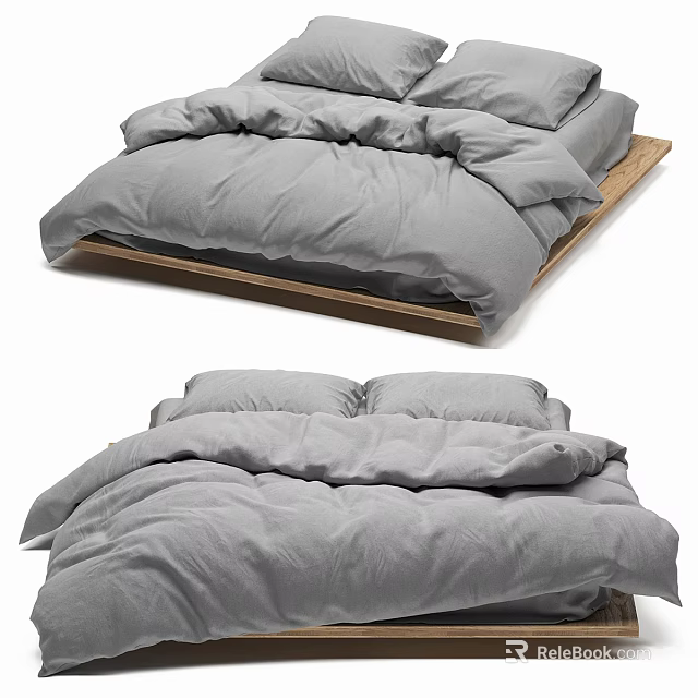 Modern Double Bed With Gray Linen Bedding And Wooden Frame Design 3d model 