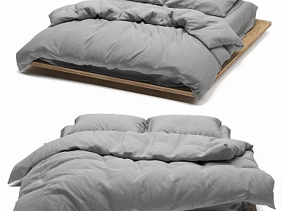 Modern Double Bed With Gray Linen Bedding And Wooden Frame Design 3d model