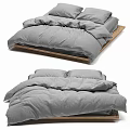 Modern Double Bed With Gray Linen Bedding And Wooden Frame Design