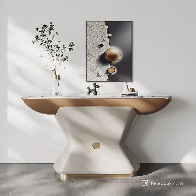 Modern Console Table with Vase Marble Top White and Gold Base Wall Art Decoration 3d model 
