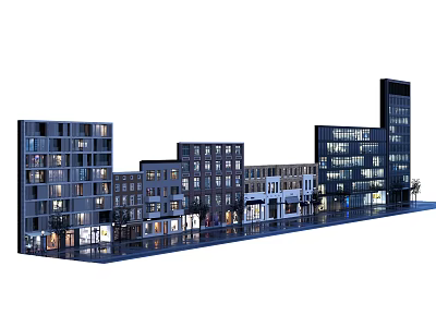 Modern Commercial Street Featuring Multi Story Buildings And Illuminated Storefronts At Night 3d model