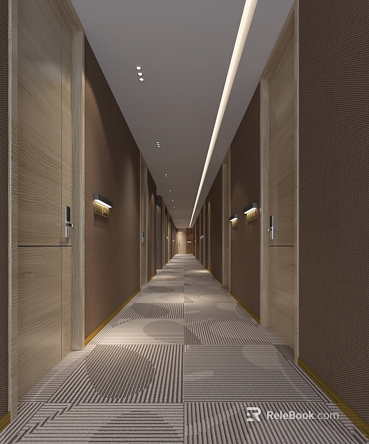 Hotel Corridor With Wooden Walls Wall Lamps Patterned Carpet And Ceiling Light Strips 3d model 
