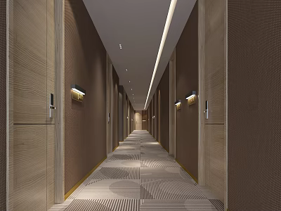 Hotel Corridor With Wooden Walls Wall Lamps Patterned Carpet And Ceiling Light Strips 3d model