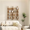 Modern Living Room Interior With White Sofa Arched Windows Plants And Wooden Bookshelf