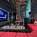 KTV Interior Design Featuring Red Leather Sofas Large Screen And Drinks On Coffee Table 3d model
