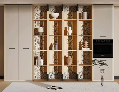 Modern Decorative Cabinet With Open Shelves Patterned Background And Decorative Items 3d model