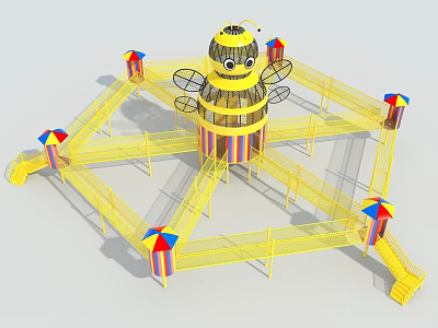 Fun Bee Shaped Playground Equipment With Yellow Structure Colorful Canopies Netted Platforms And Slides 3d model