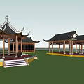 Chinese Style Landscape Arch Bridge with Traditional Pavilions Water View and Green Landscape