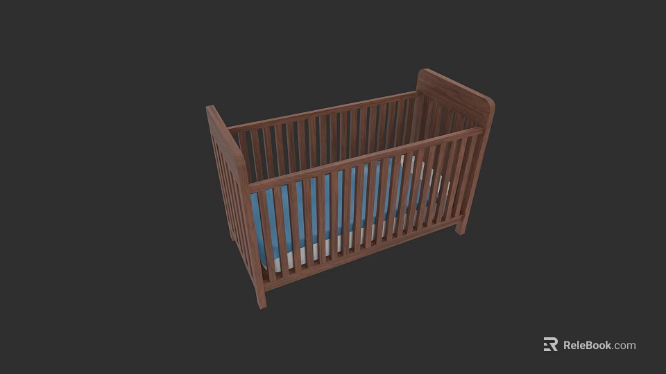 Wooden Baby Crib With Brown Frame And Blue Mattress For Nursery 3d model 