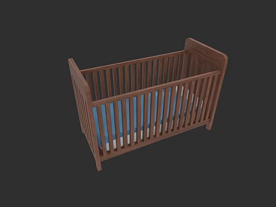 Wooden Baby Crib With Brown Frame And Blue Mattress For Nursery 3d model