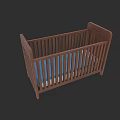 Wooden Baby Crib With Brown Frame And Blue Mattress For Nursery