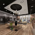 Modern Clothing Store Interior With Circular Ceiling Chandelier And Colored Clothes Racks