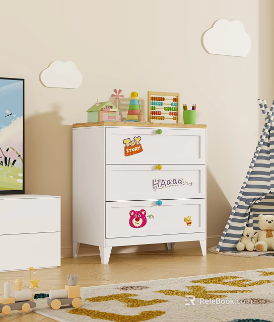 White Children's Dresser With Drawers And Colorful Stickers In Kids Room 3d model 