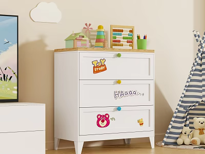 White Children's Dresser With Drawers And Colorful Stickers In Kids Room 3d model