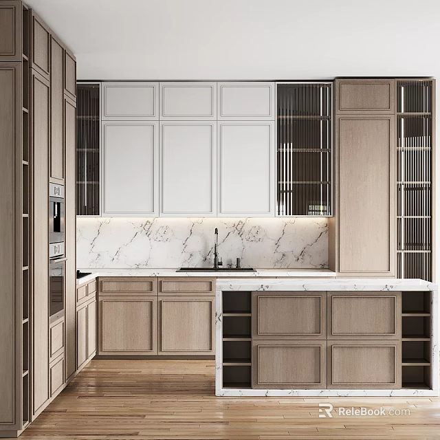 Modern Kitchen Interior With White And Wooden Cabinets Marble Countertop And Island 3d model