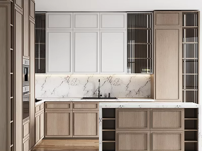 Modern Kitchen Interior With White And Wooden Cabinets Marble Countertop And Island 3d model